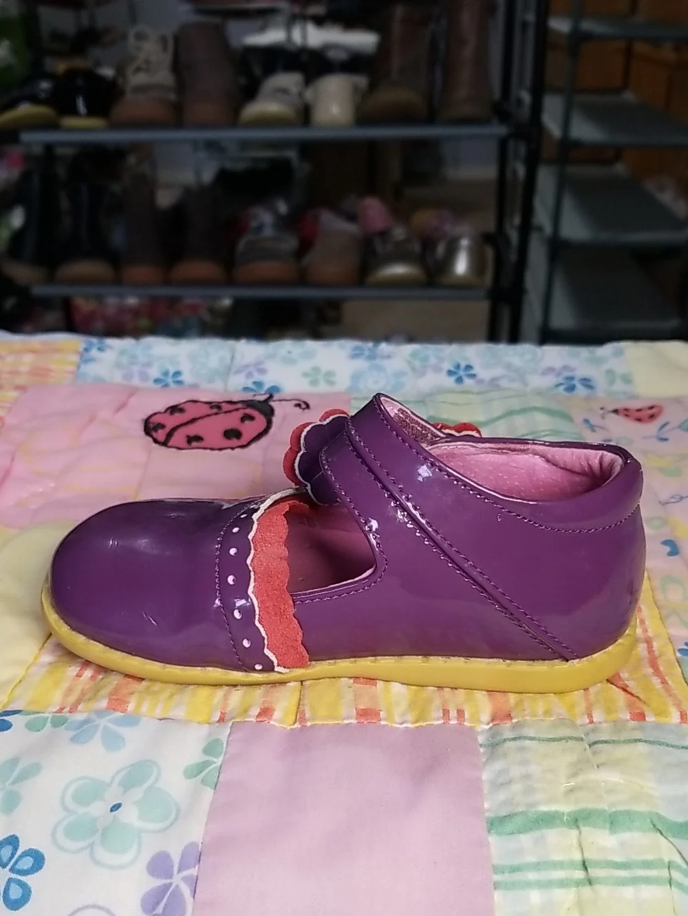 Livie & Luca Purple Patent Leather Mary Janes w/Red Suede Trim & Flowers Size 8